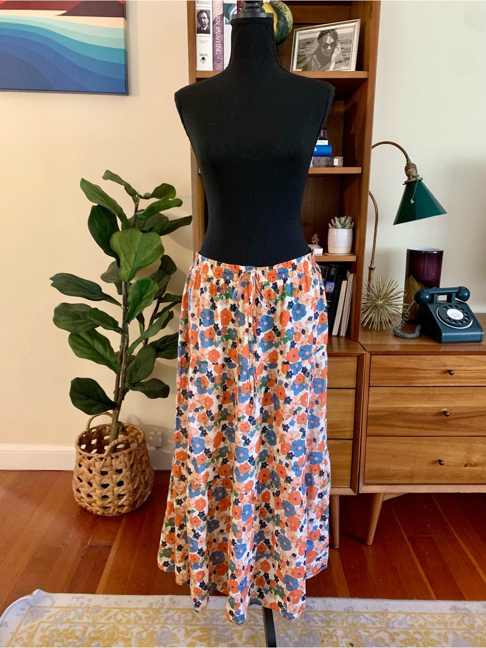 Trovata Floral Maxi Skirt in Orange, Blue & Cream